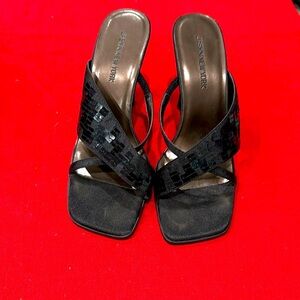 Black Woven Leather Heeled Sandals